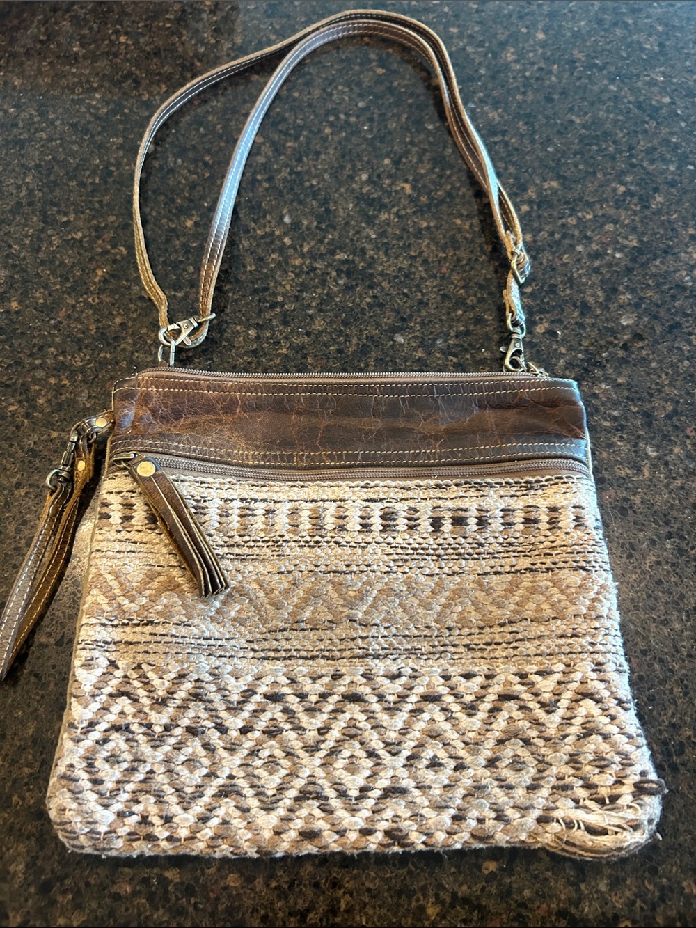 Myra Bag Brown & Cream Woven Crossbody with Tassel